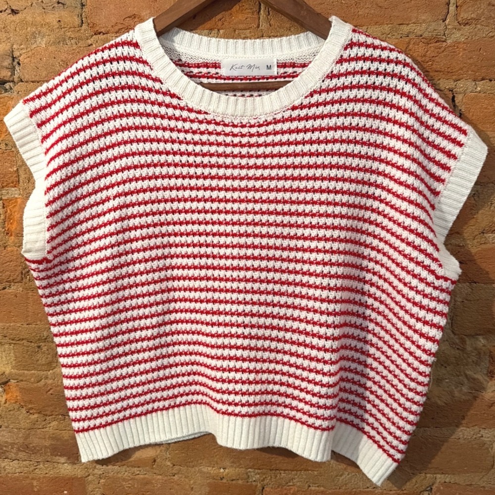 Knit Mix Red White Striped Sweater Vest Sleeveless Medium Preppy Coastal
